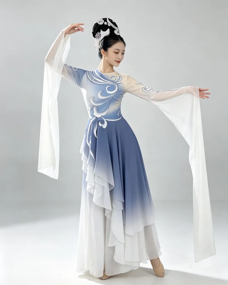 Blue ombre water-sleeve dance dress from the workshop portfolio