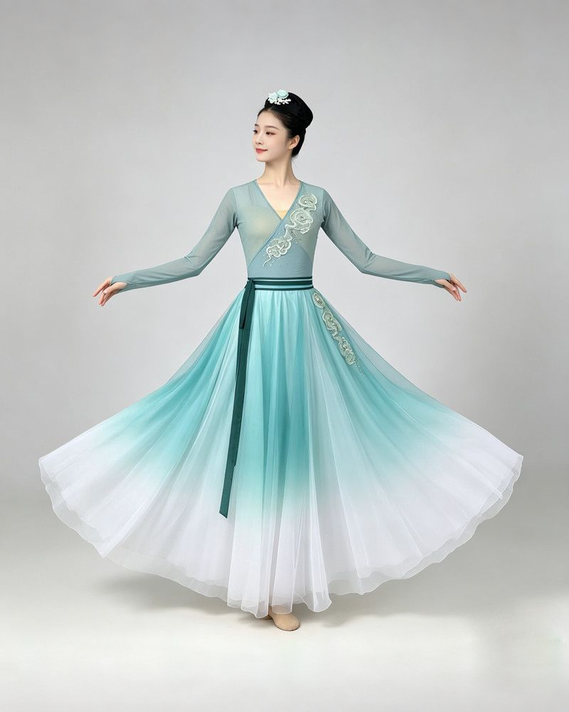 Teal Ombre Flowing Dance Dress — reviewed display photograph