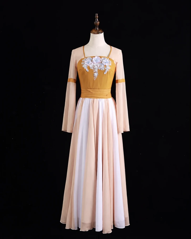 Gold and Blush Bell-Sleeve Gown — reviewed display photograph