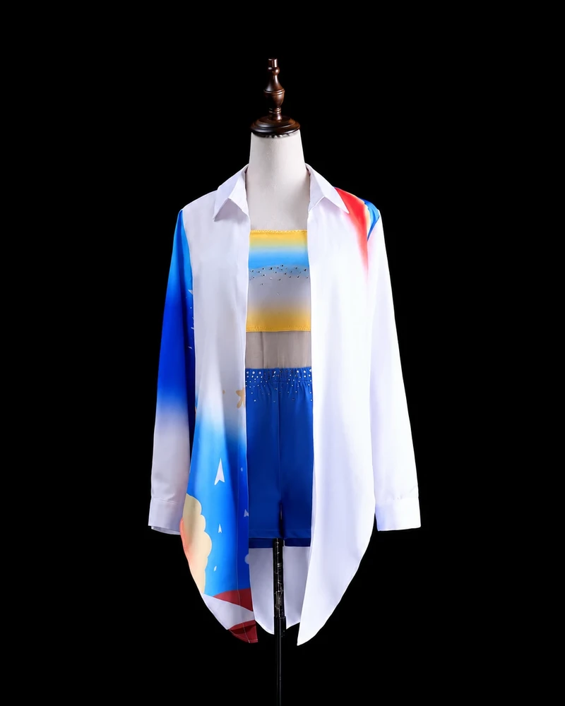 Graphic Shirt and Blue Shorts Ensemble — reviewed display photograph