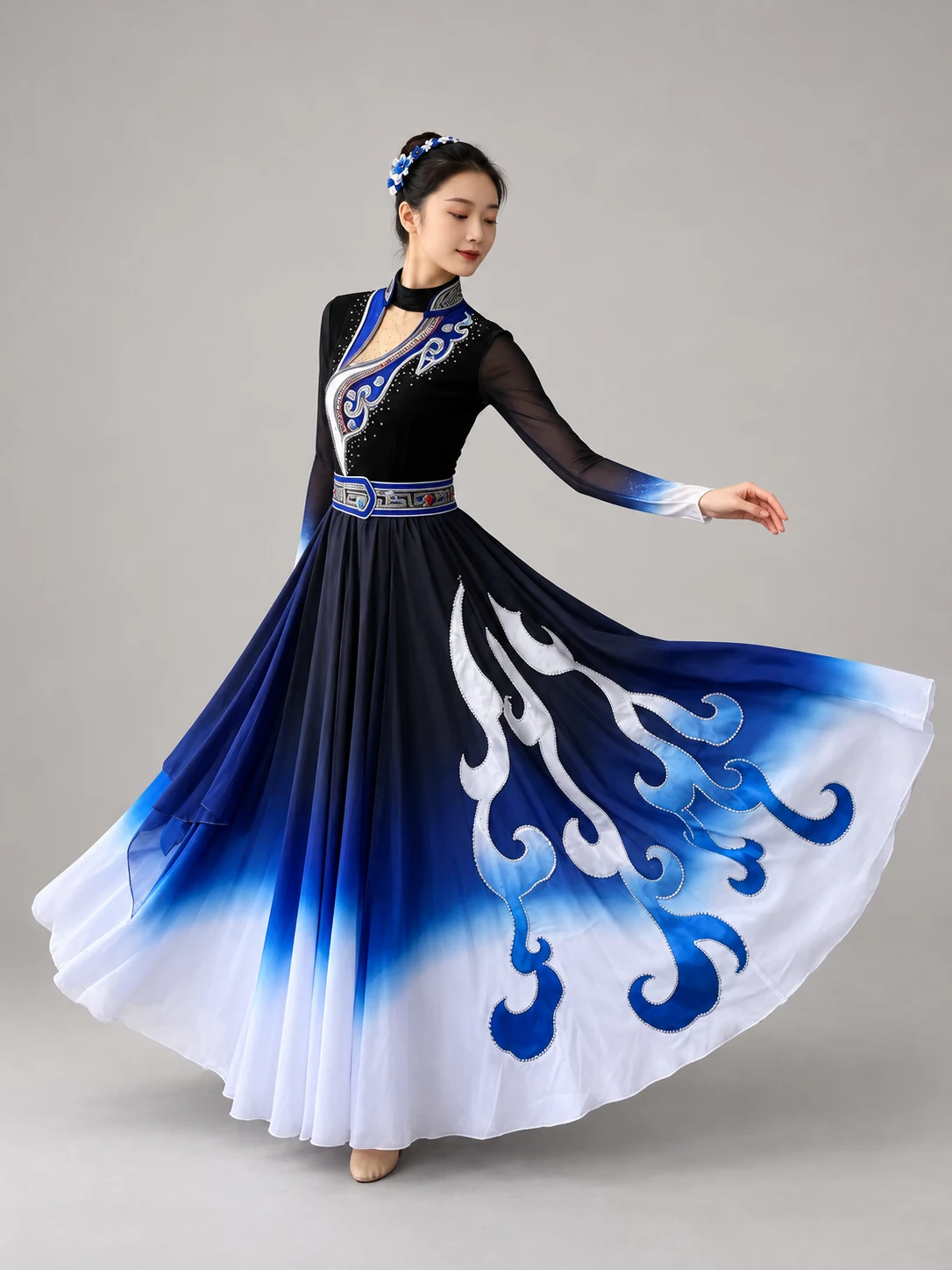 Blue Ombre Scroll-Motif Dance Dress — retouched product photograph