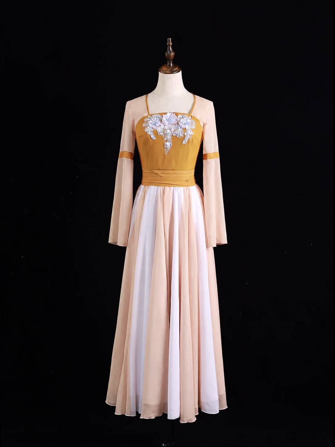 Gold and Blush Bell-Sleeve Gown — retouched product photograph