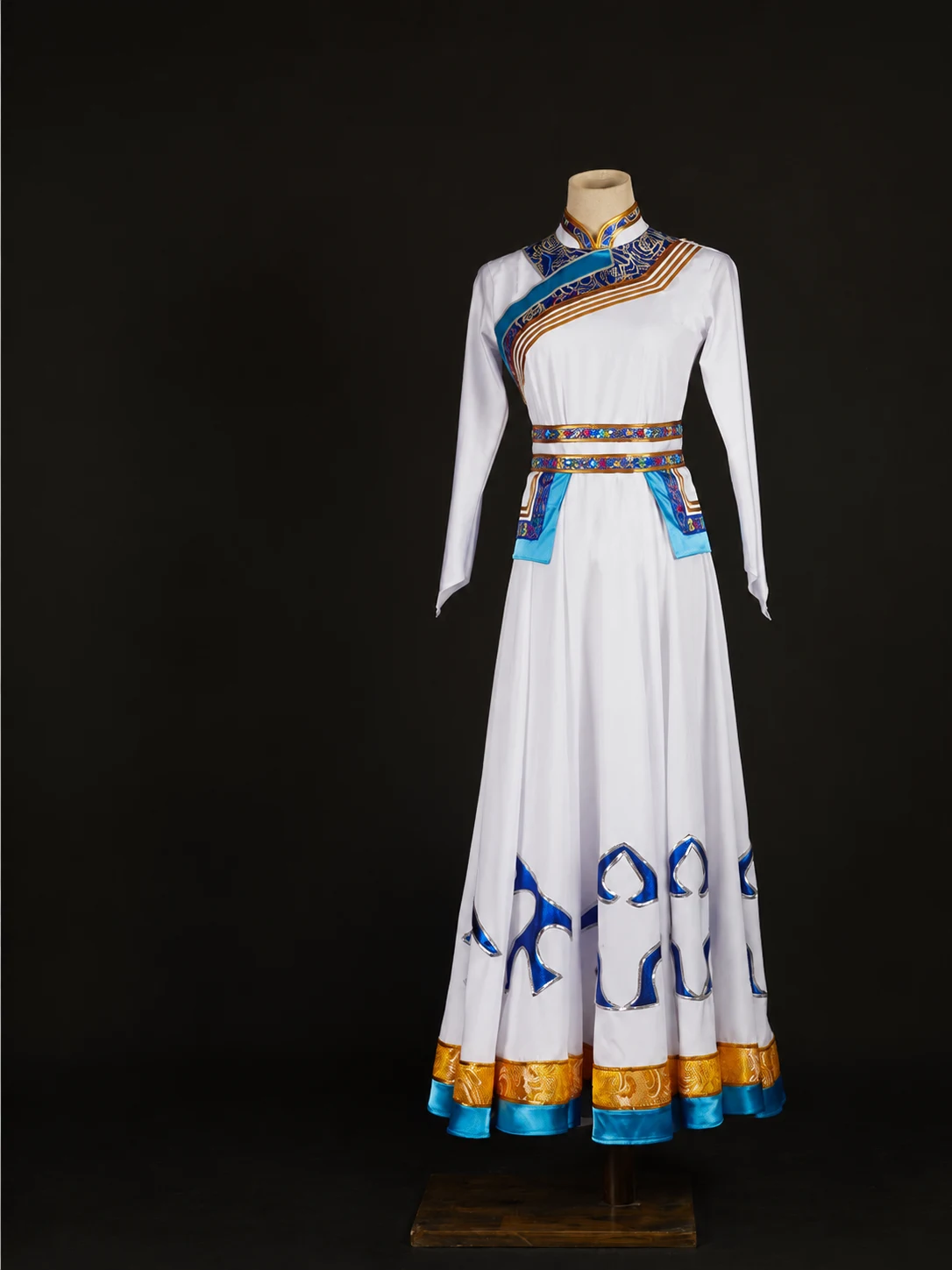 White & Blue Trimmed Stage Dress — retouched product photograph