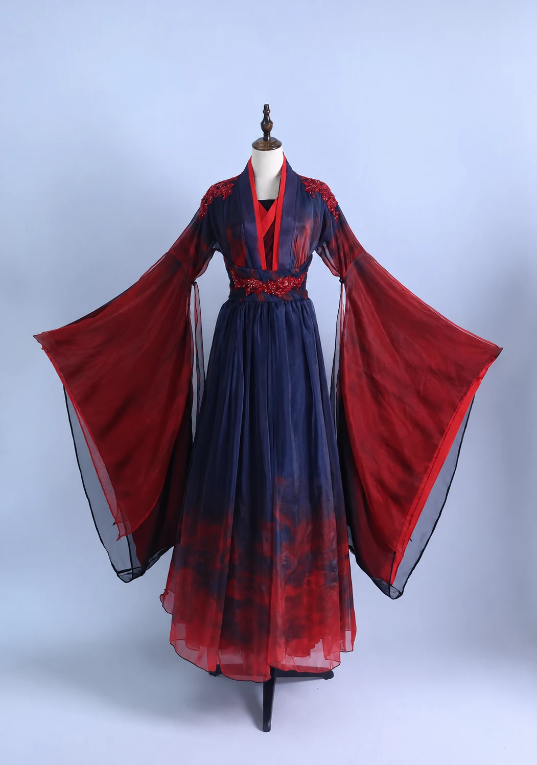 Navy and Crimson Flowing Dance Robe — retouched product photograph