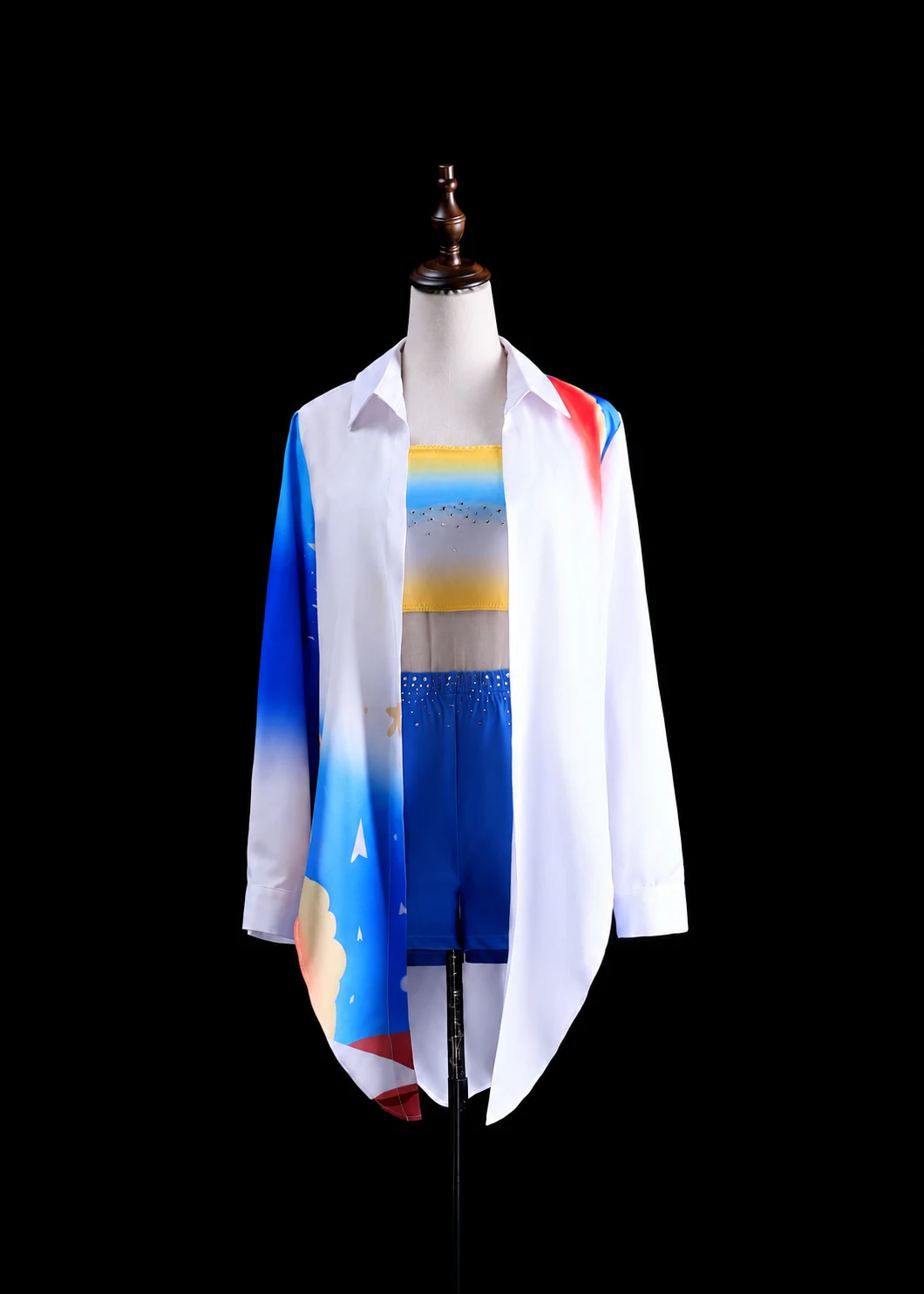 Graphic Shirt and Blue Shorts Ensemble — retouched product photograph