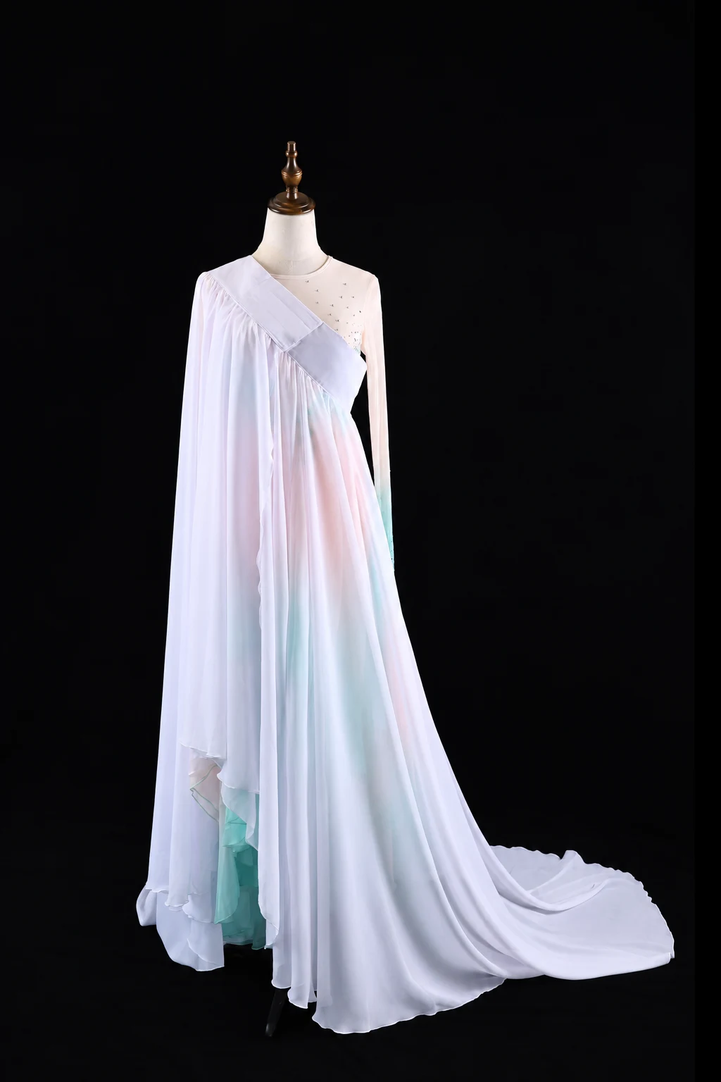 Blush and Aqua Draped Dance Gown — retouched product photograph