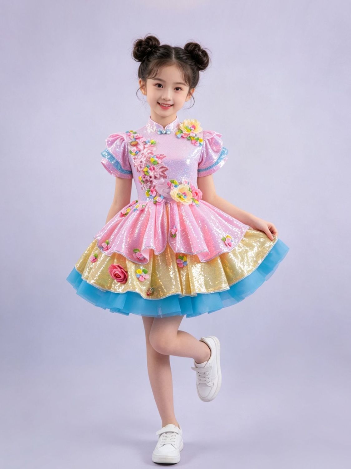Pink Floral Tiered Stage Dress — photograph 1