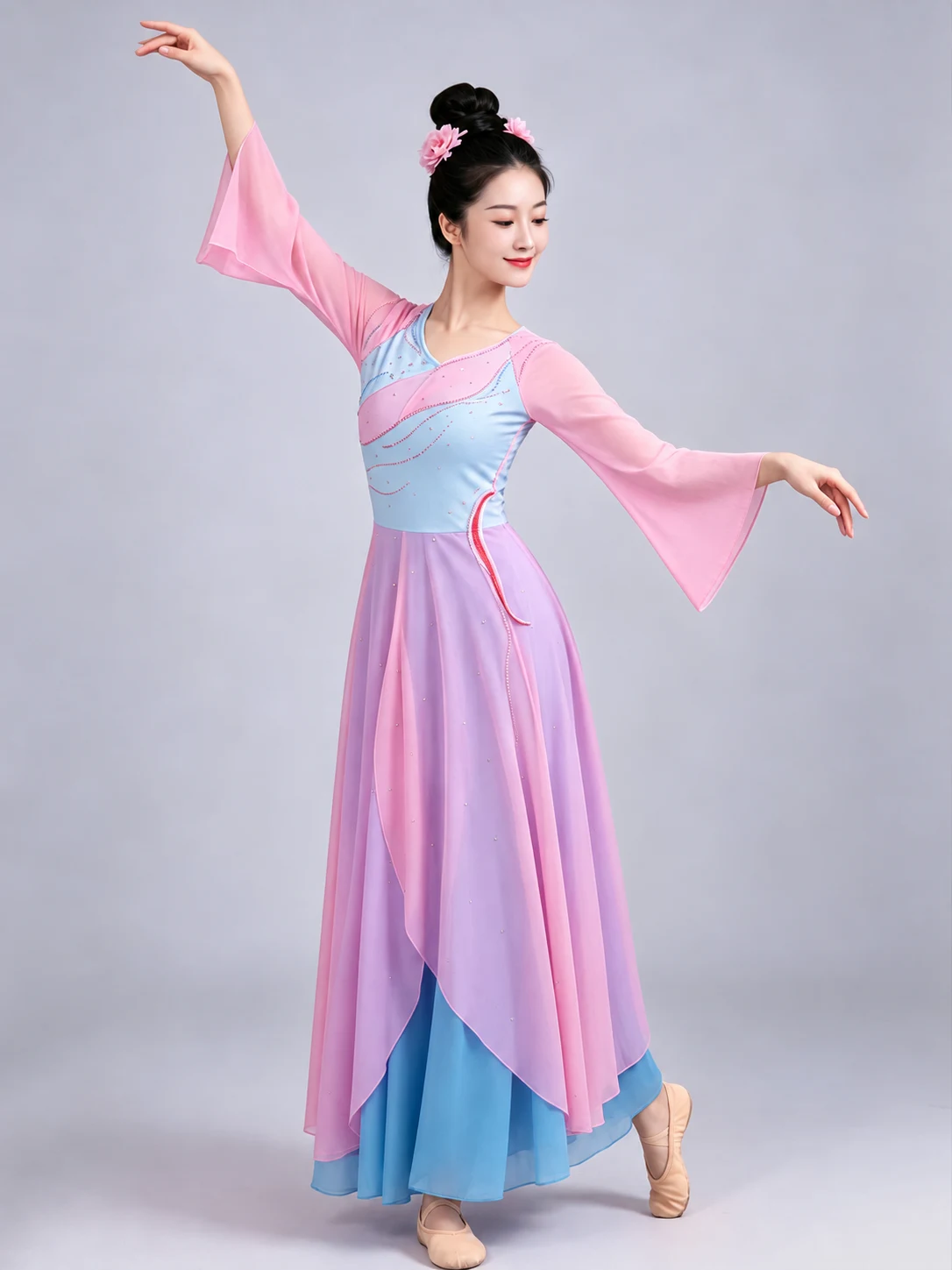 Pink & Sky Blue Layered Dress — retouched product photograph